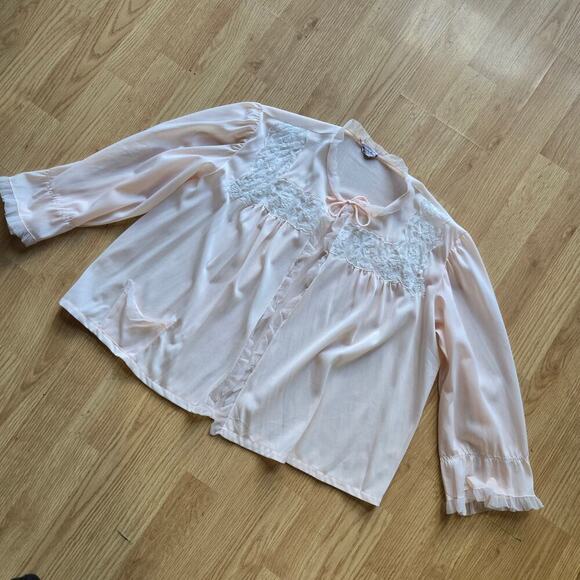 Wonder Maid Vintage 50s Peach Embroidered Lace Ruffle Bed Jacket Coquette Boho - Picture 9 of 12